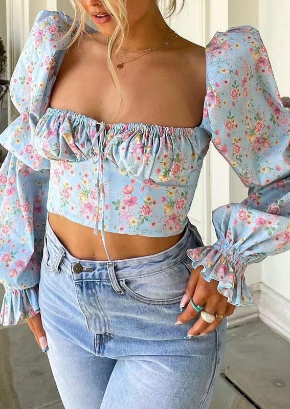 

Crop Tops Floral Tie Puff Sleeve Crop Top in Blue. Size: ,M,L