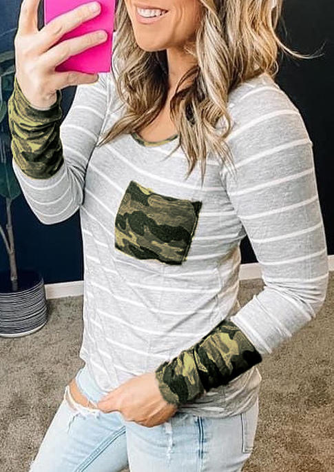 Striped Camouflage Pocket Long Sleeve Blouse