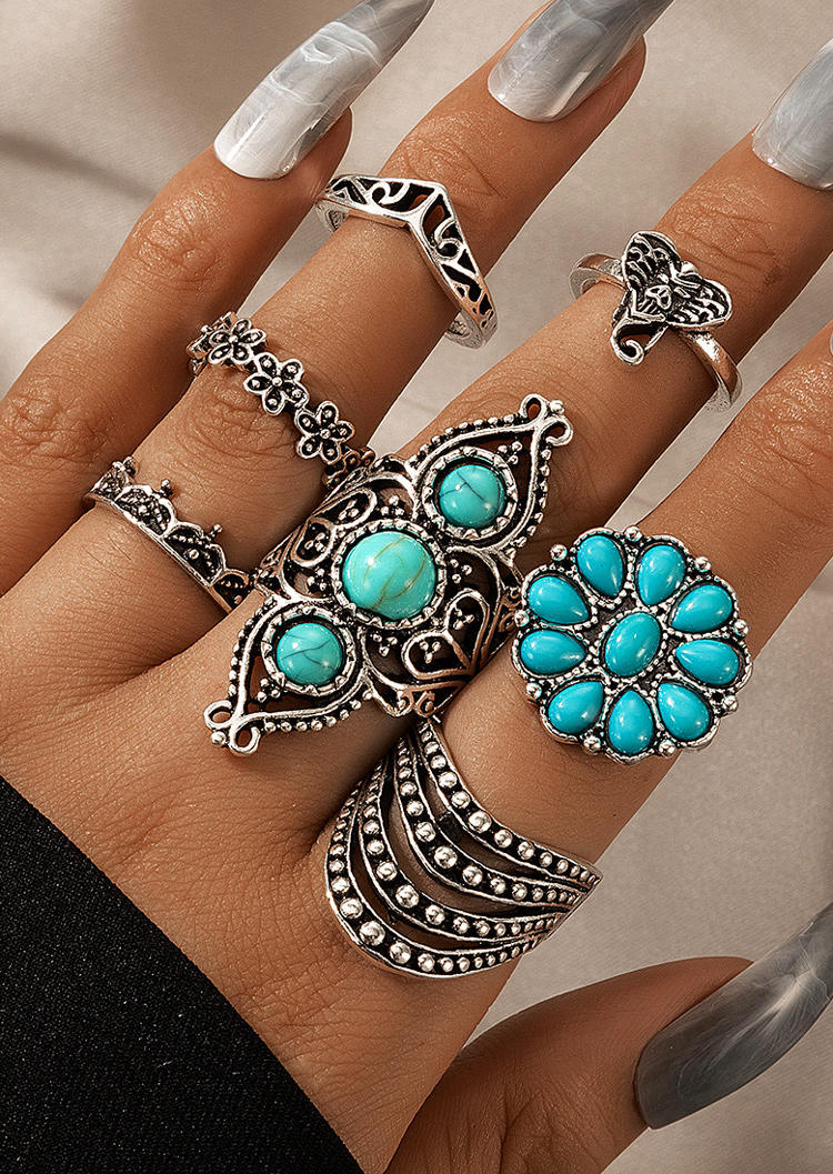 

Rings 7Pcs Turquoise Elephant Floral Crown Ring Set in Silver. Size