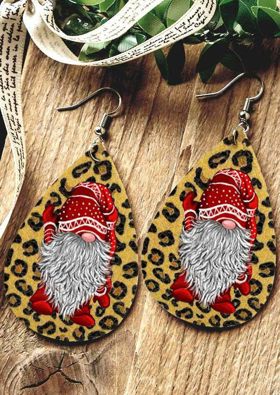 Earrings Christmas Double-Sided Gnome Leopard Water Drop Earrings in Multicolor. Size: One Size