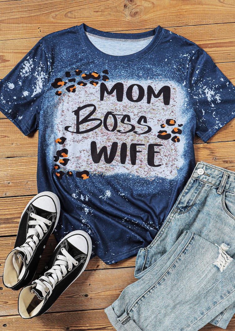 T-shirts Tees Mom Boss Wife Leopard Bleached T-Shirt Tee in Blue. Size: S,M,L
