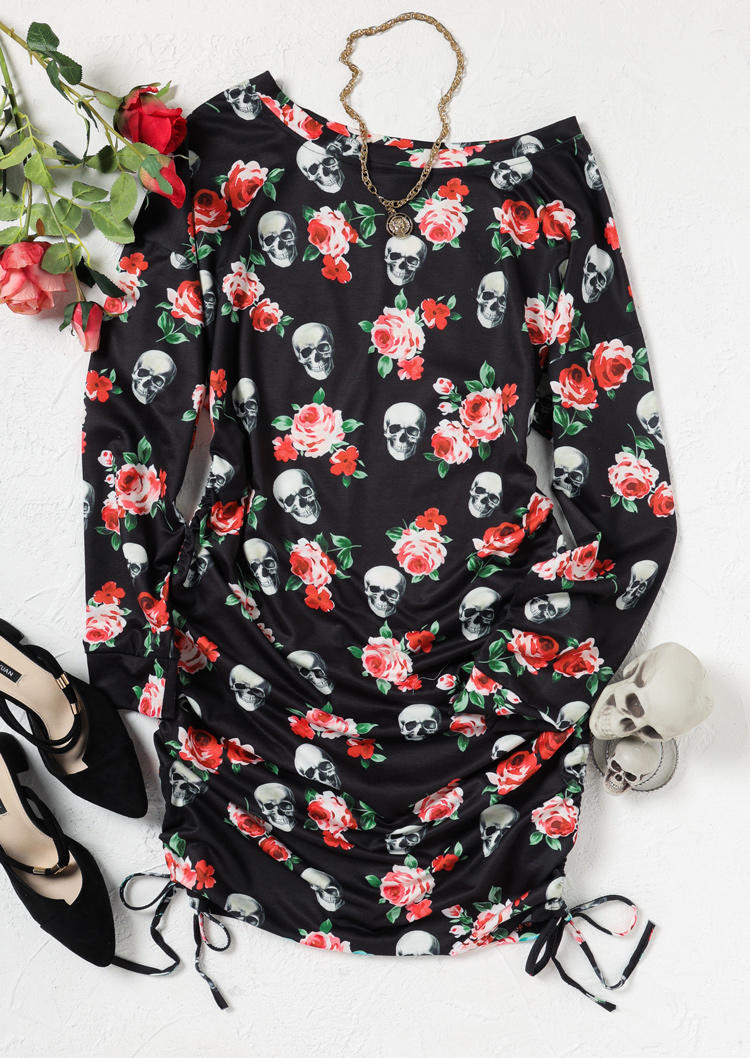 Mini Dresses Skull Rose Drawstring Long Sleeve Mini Dress in Multicolor. Size: M,S