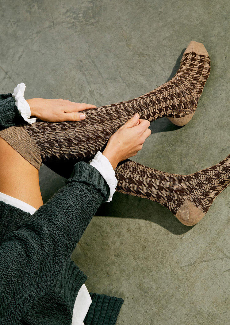 

Knee-High Socks Houndstooth Thigh-High Crimping Socks in Khaki. Size