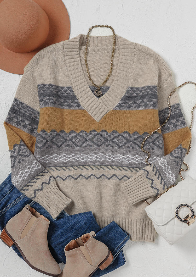 

Sweaters Geometric V-Neck Long Sleeve Sweater in Multicolor. Size