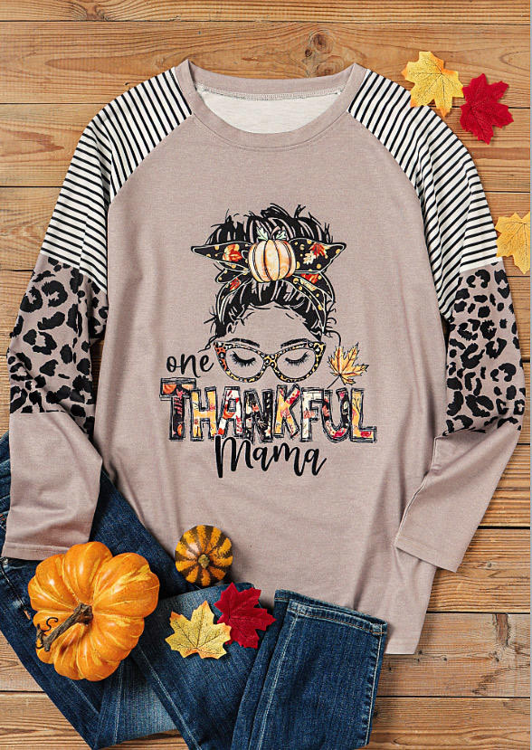 

T-shirts Tees Thankful Mama Striped Leopard Long Sleeve T-Shirt Tee in Dark Apricot. Size