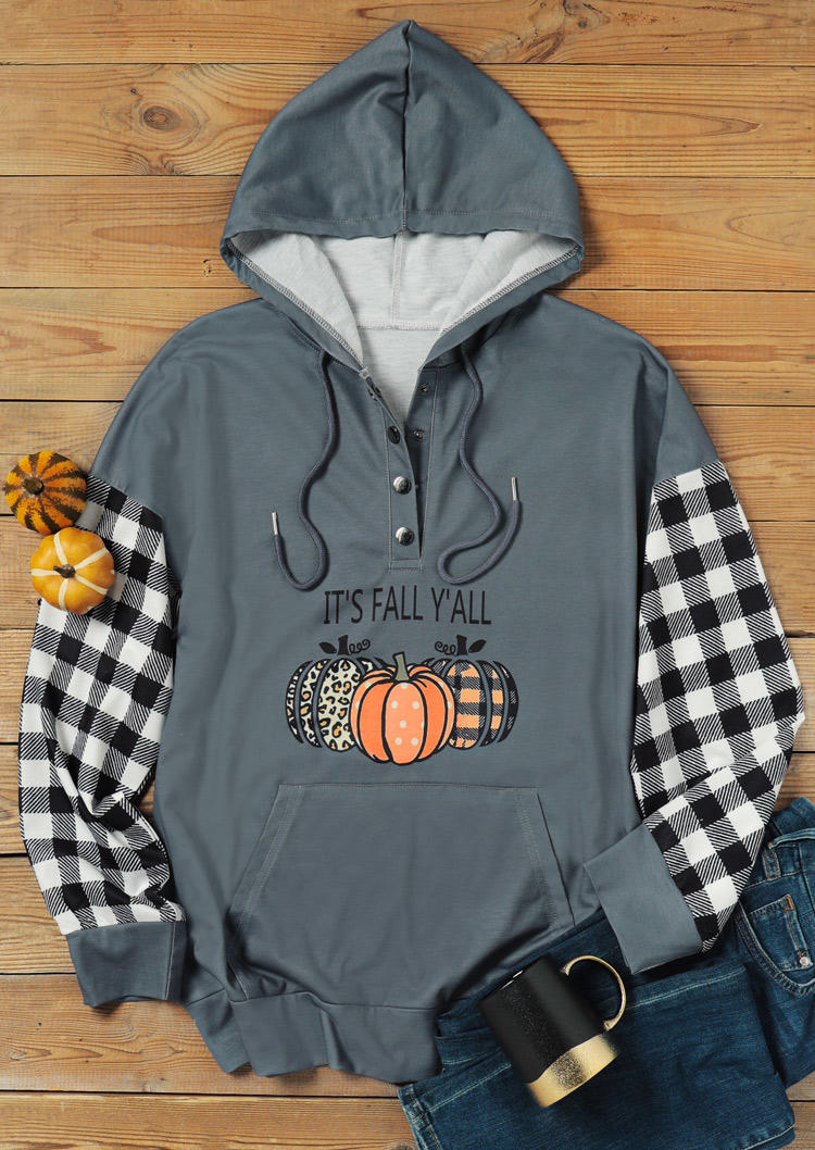 Hoodies It's Fall Y'all Pumpkin Plaid Leopard Splicing Button Hoodie in Gray. Size: L