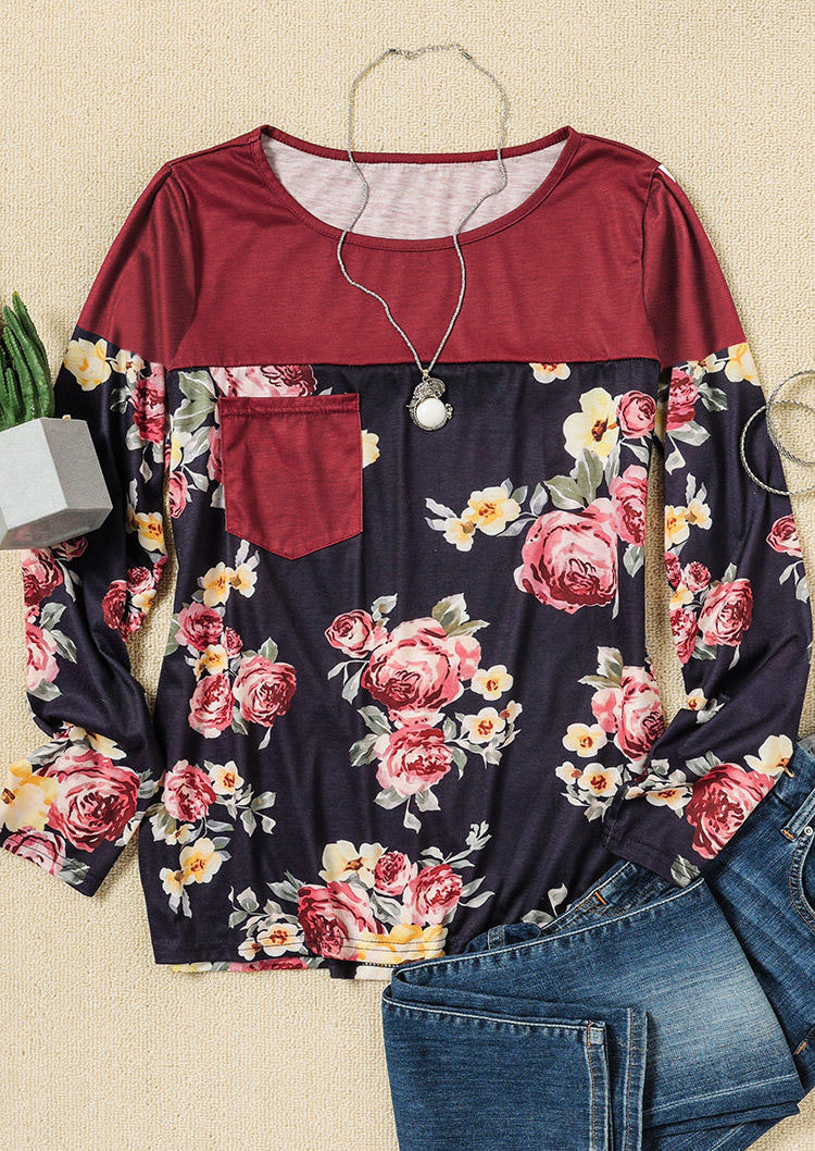 Blouses Floral Pocket Splicing Long Sleeve Blouse in Multicolor. Size: L,M,S,XL