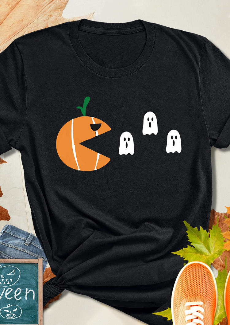 T-shirts Tees Funny Pumpkin And Gost T-Shirt Tee in Black. Size: S