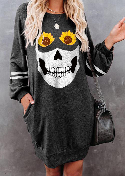 

Mini Dresses Halloween Skull Sunflower Pocket Long Sleeve Mini Dress in Gray. Size: ,M,L,XL