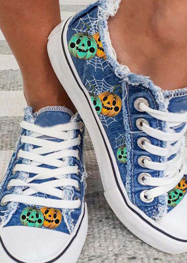 

Sneakers Halloween Pumpkin Face Lace Up Canvas Sneakers in Blue. Size: ,38,39,40,41