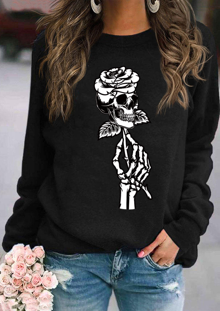 Skull Rose Skeleton Hand Sweatshirt - Black