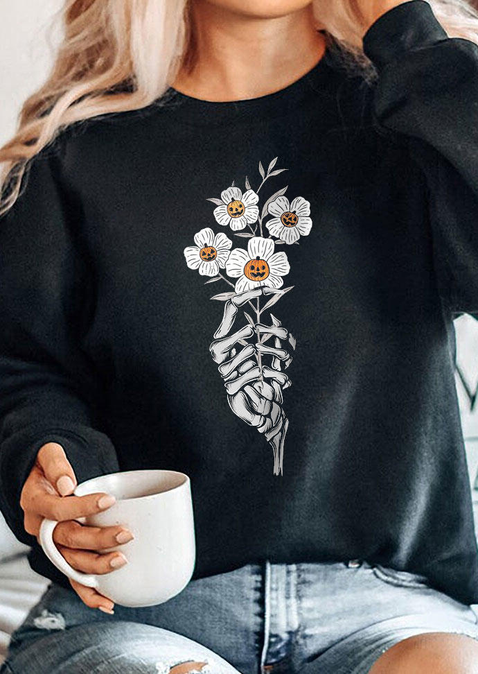 Sweatshirts Pumpkin Floral Skeleton Hand Sweatshirt in Black. Size: M,XL
