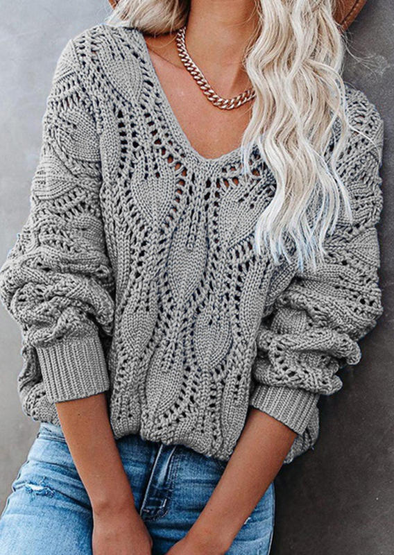 

Sweaters Hollow Out Knitted Long Sleeve Sweater in Gray. Size