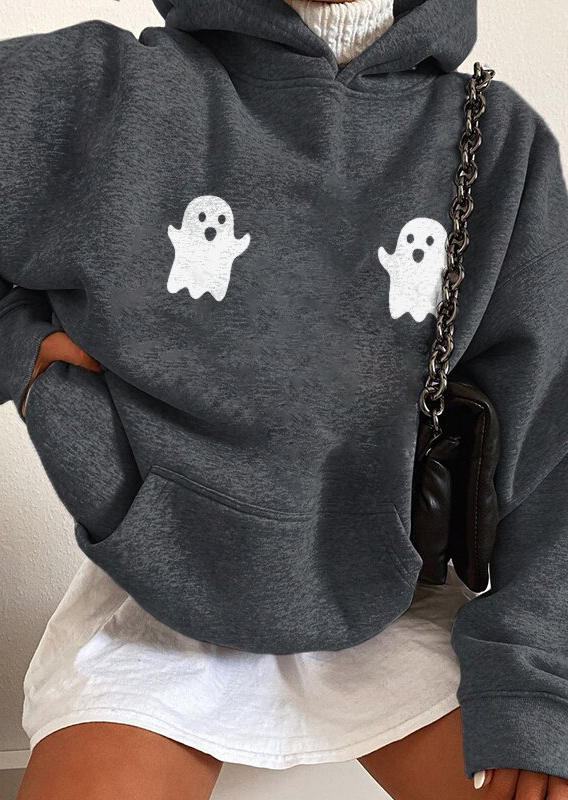 

Hoodies Halloween Ghost Kangaroo Pocket Hoodie in Dark Grey. Size: ,M,L,XL