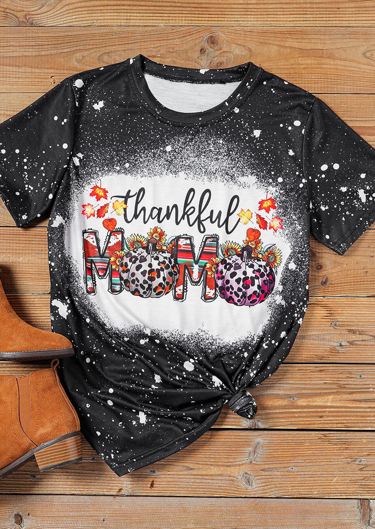 

T-shirts Tees Thankful Mama Leopard Pumpkin Bleached T-Shirt Tee in Black. Size