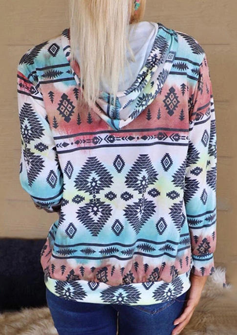 

Hoodies Aztec Geometric Drawstring Kangaroo Pocket Hoodie in Multicolor. Size