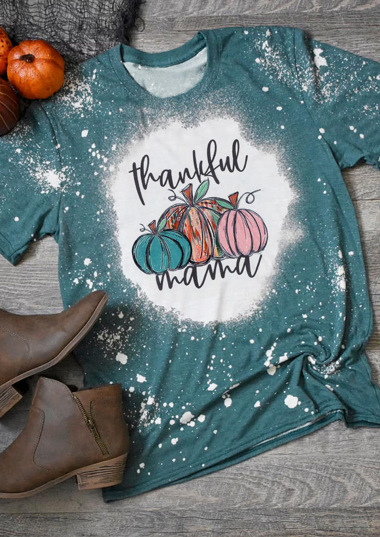 Thankful Mama Pumpkin Bleached T-Shirt Tee - Cyan