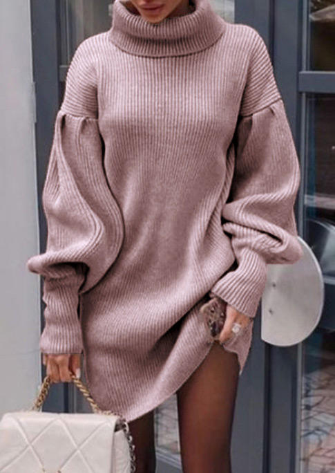 Mini Dresses Drop Puff Sleeve Turtleneck Sweater Mini Dress in Cameo Brown. Size: XL