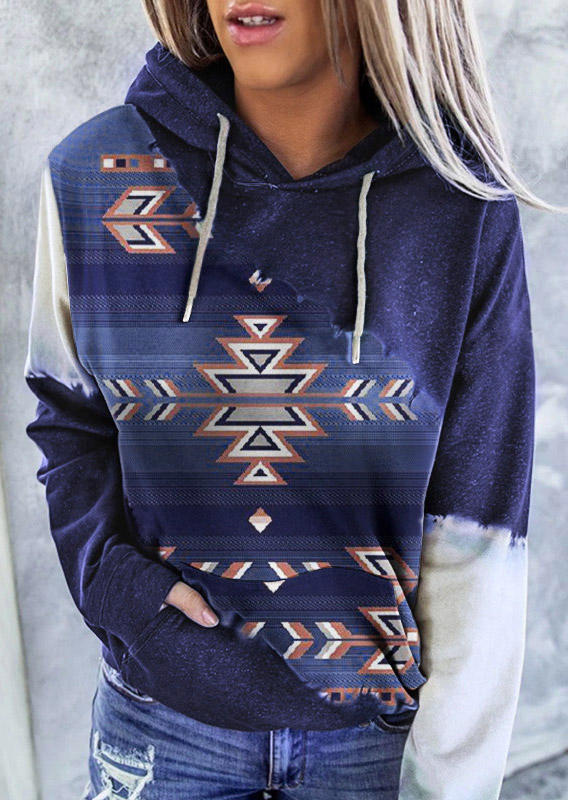 

Hoodies Aztec Geometric Color Block Kangaroo Pocket Hoodie in Blue. Size