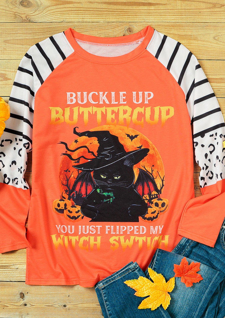 Blouses Buckle Up Pumpkin Witch Striped Leopard Blouse in Orange. Size: M