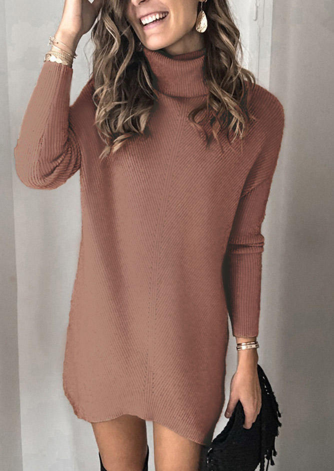 Mini Dresses Turtleneck Long Sleeve Sweater Mini Dress in Light Brown. Size: S,M,L