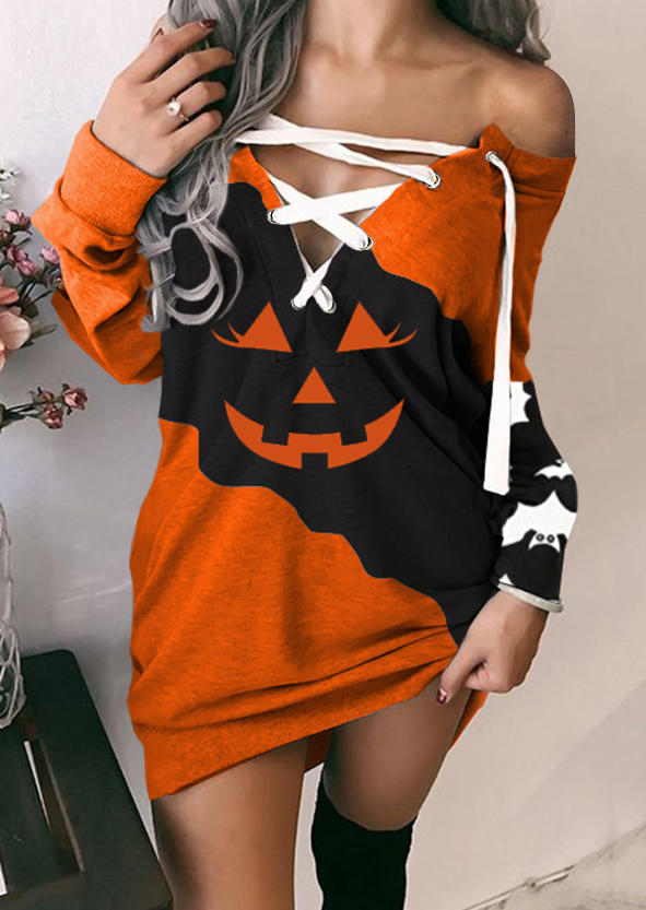 

Mini Dresses Halloween Pumpkin Face Lace Up Mini Dress in Multicolor. Size