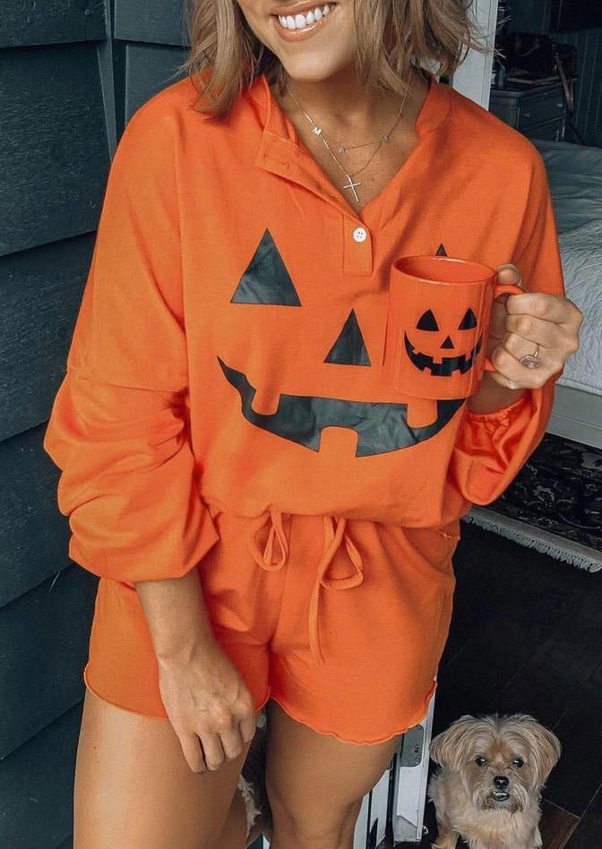 

Two-Piece Sets Halloween Pumpkin Face Sweatshirt And Drawstring Shorts Two-Piece Set in Orange. Size: ,M,L,XL