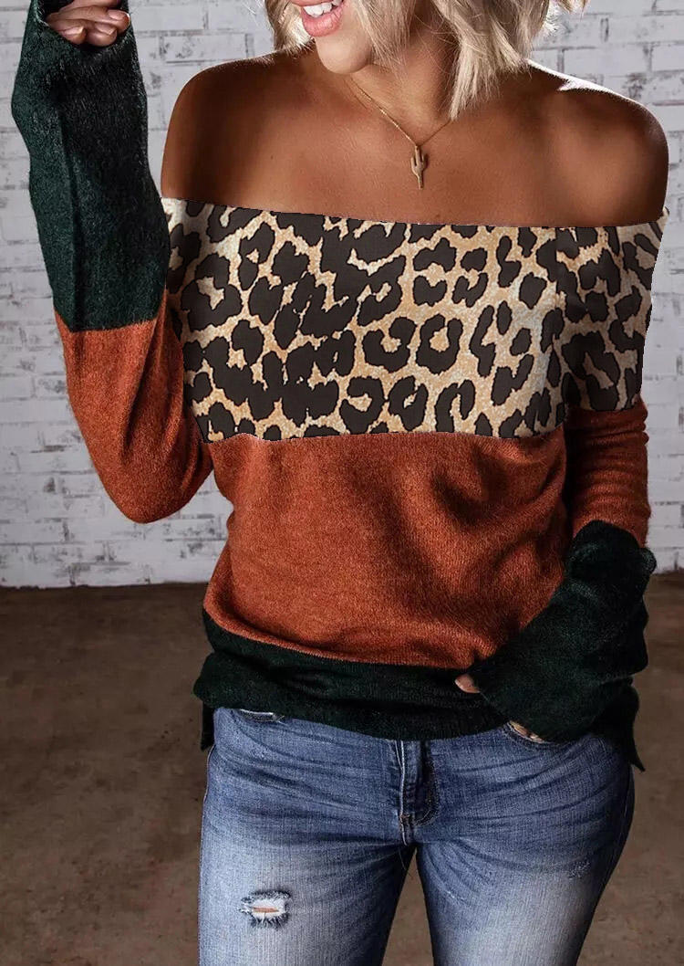 

Blouses Color Block Leopard Off Shoulder Blouse in Multicolor. Size: ,M