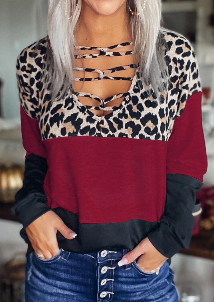 Blouses Leopard Color Block Criss-Cross Long Sleeve Blouse in Multicolor. Size: XL