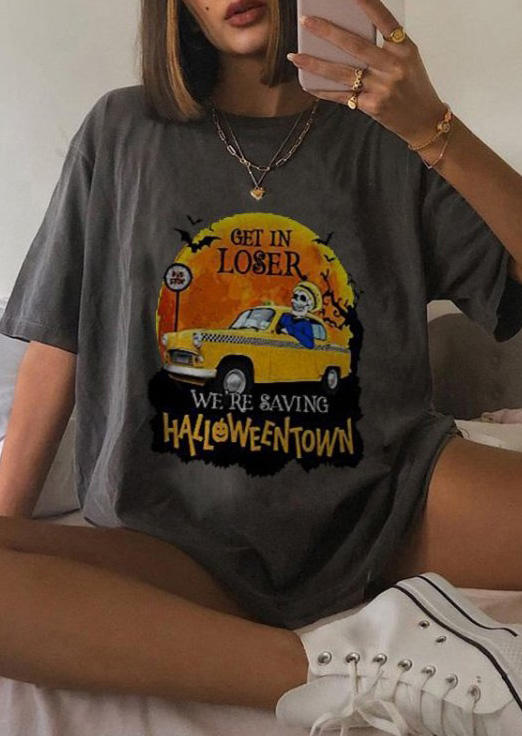 

T-shirts Tees Get In Loser We're Saving Halloweentown Skull Drive Car T-Shirt Tee in Gray. Size: ,M,L,XL