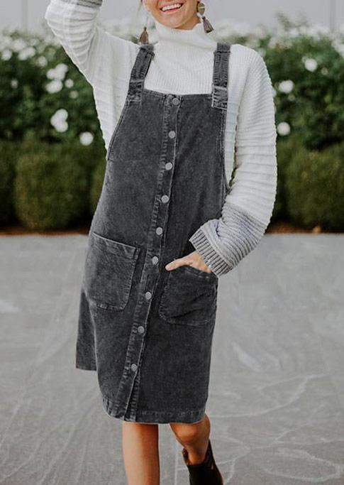 

Mini Dresses Button Pocket Washed Denim Overall Mini Dress in Dark Grey. Size: ,M,L,XL