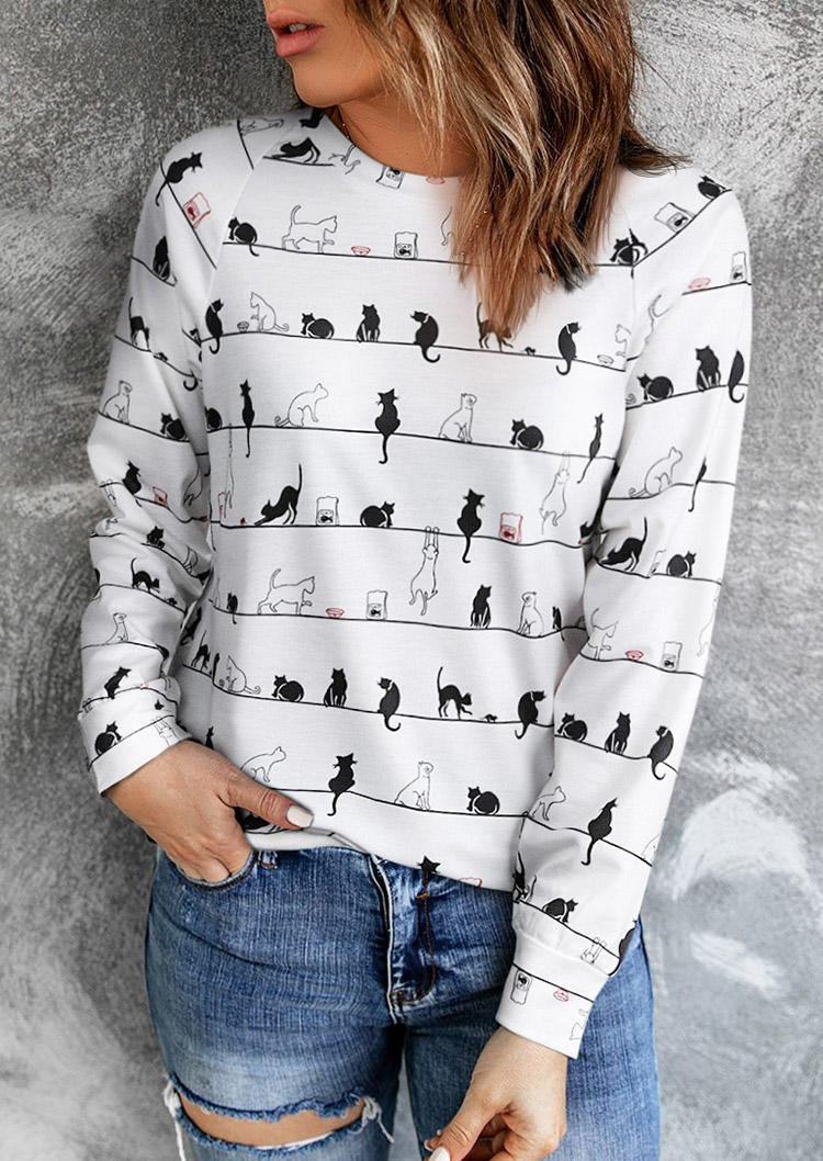 

Blouses Cute Cat Print Long Sleeve Casual Blouse in White. Size