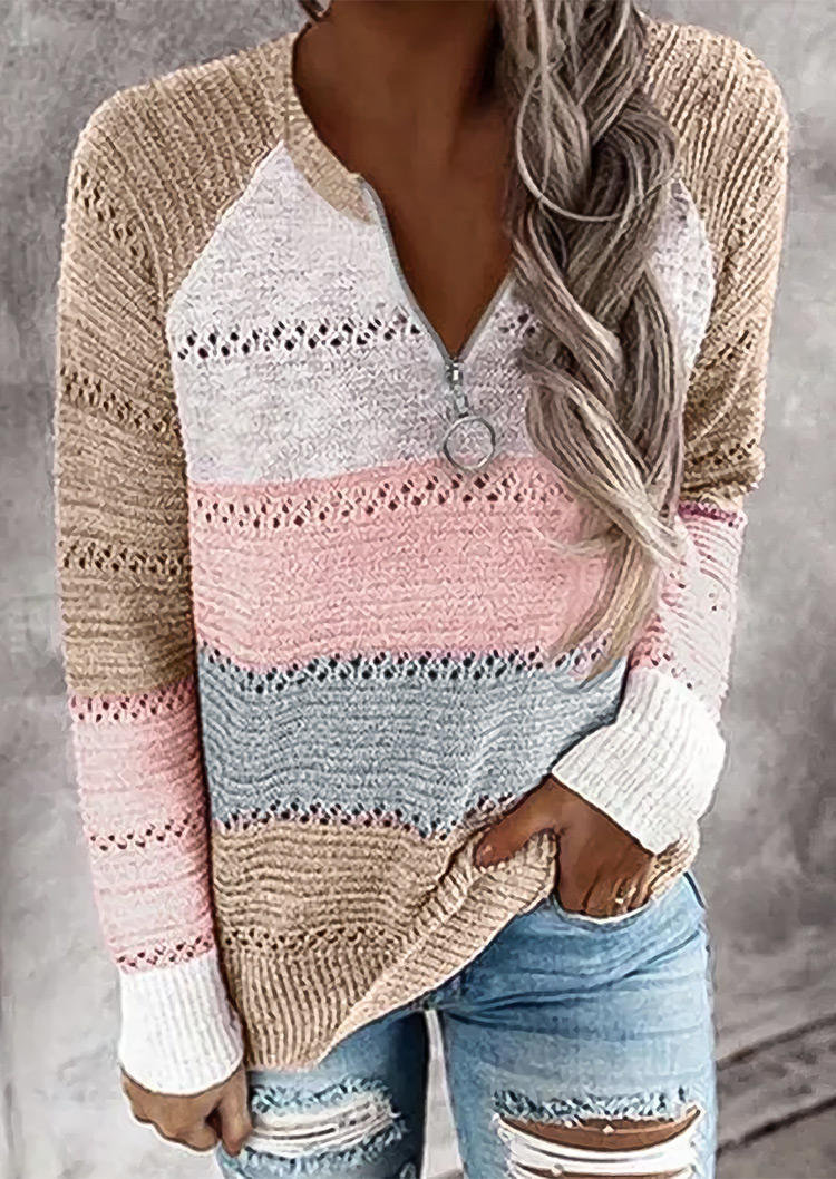 

Sweaters Zipper Color Block Knitted V-Neck Sweater in Multicolor. Size: ,M,L,XL