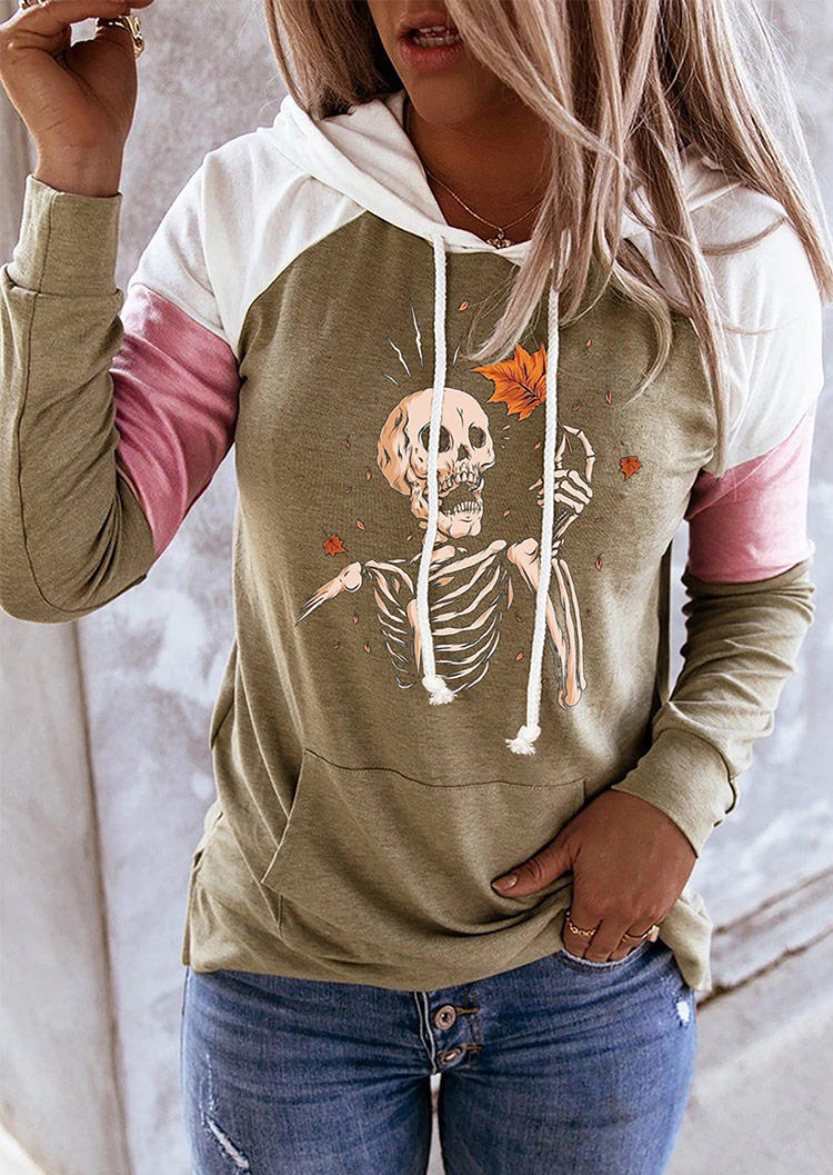 

Hoodies Halloween Skeleton Color Block Kangaroo Pocket Hoodie in Multicolor. Size: ,M,L,XL