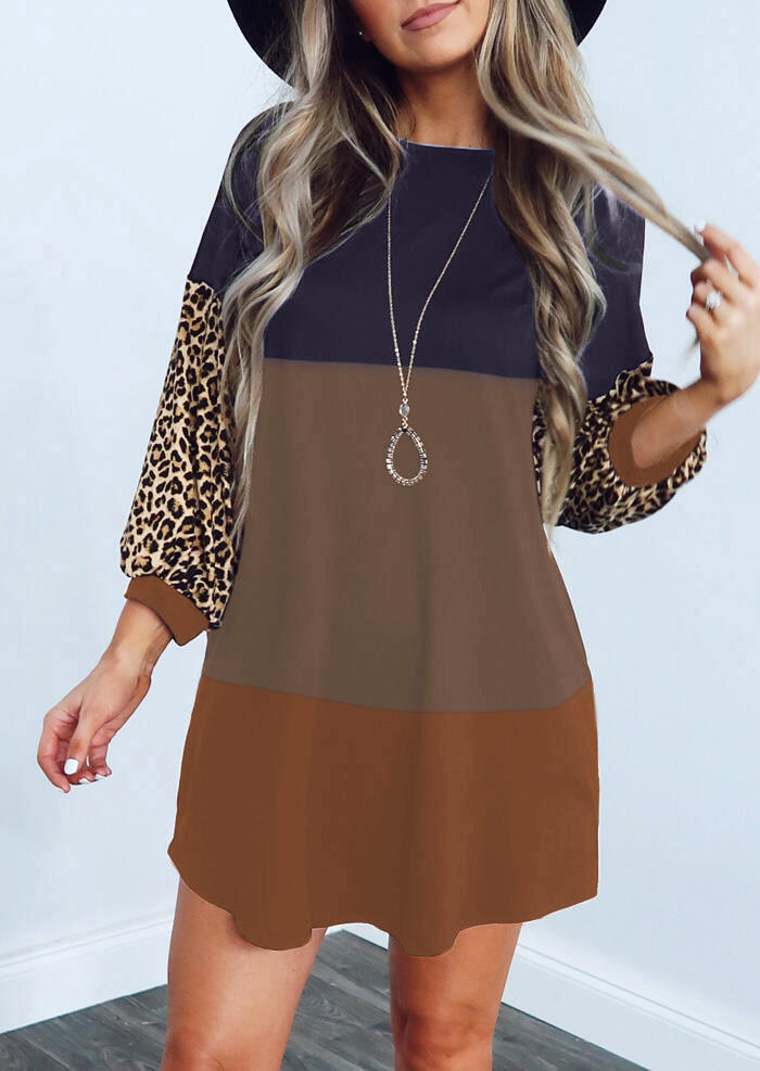 Mini Dresses Leopard Color Block Long Sleeve Mini Dress in Multicolor. Size: S,L