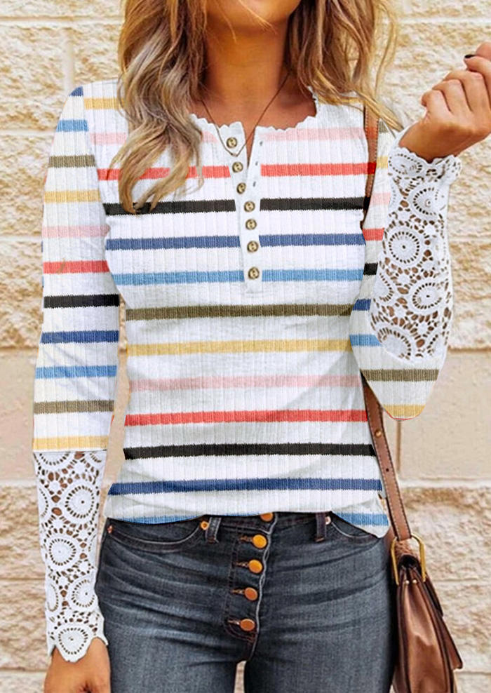 

Blouses Colorful Striped Lace Splicing Button Long Sleeve Blouse in Multicolor. Size