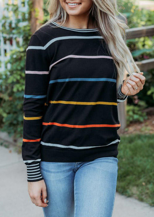 Colorful Striped Slit Long Sleeve Blouse