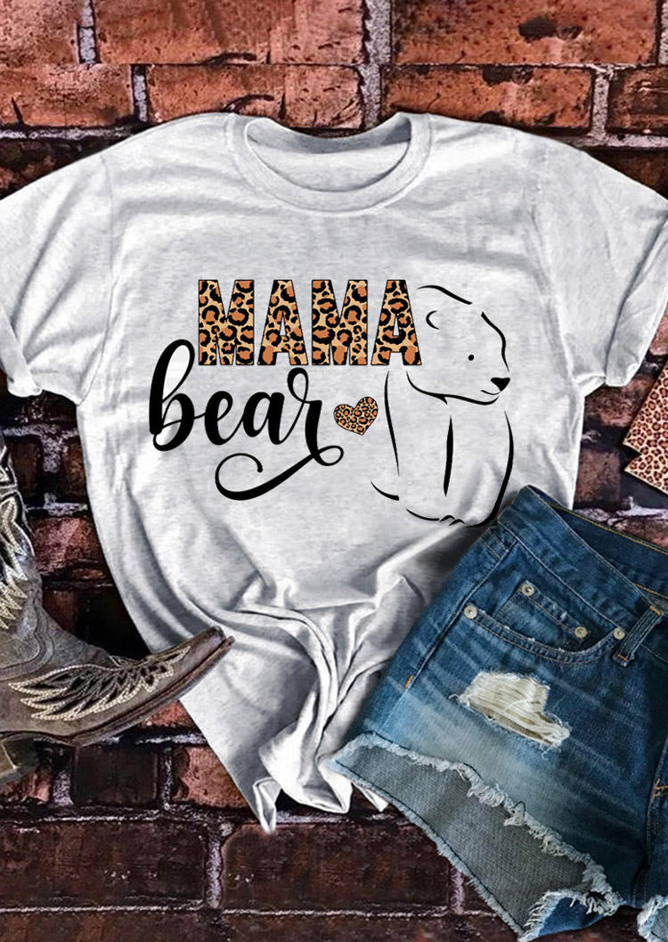 

T-shirts Tees Mama Bear Leopard Heart T-Shirt Tee in Light Grey. Size: ,M,L,XL