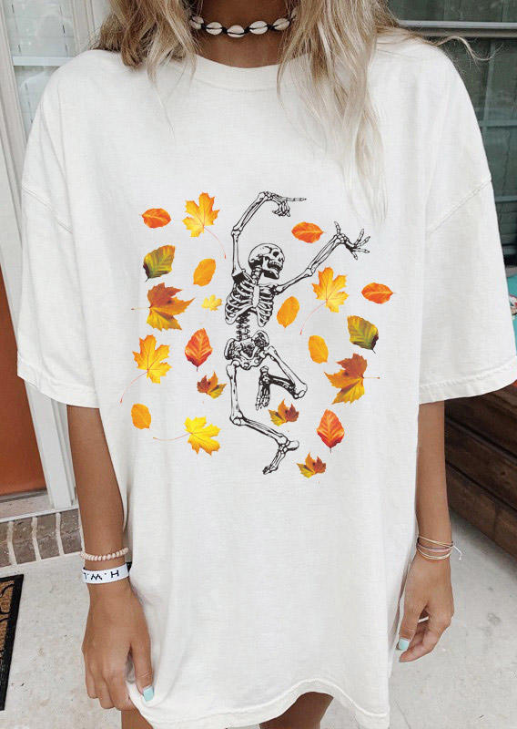 

T-shirts Tees Halloween Maple Leaf Skeleton Dance T-Shirt Tee in White. Size: ,M,L,XL