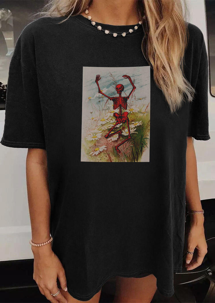 

T-shirts Tees Halloween Skeleton Dance Floral T-Shirt Tee in Black. Size: ,M,L,XL