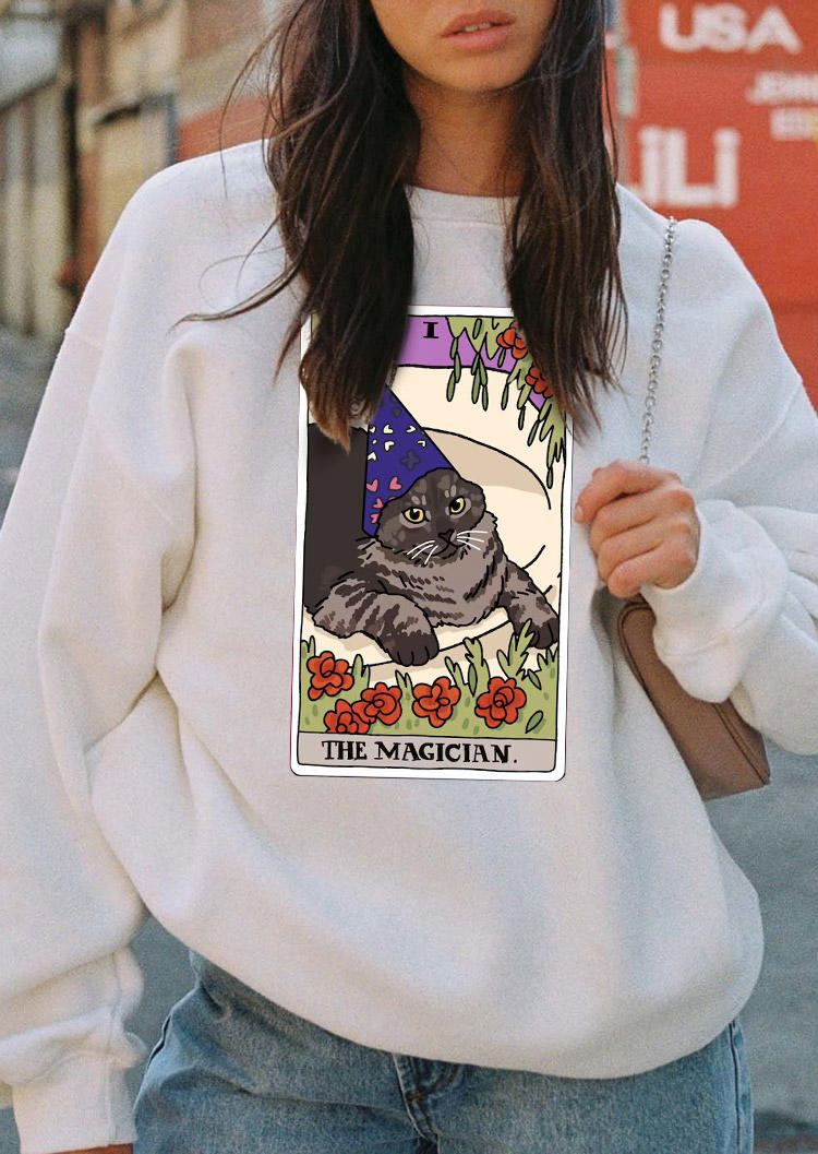 

Sweatshirts The Magician Tarot Cat Floral Long Sleeve Sweatshirt in White. Size: ,M,L,XL