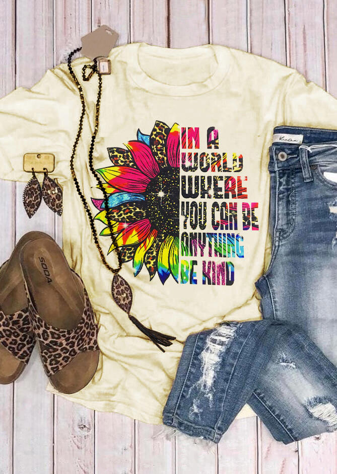T-shirts Tees You Can Be Anything Be Kind Sunflower Leopard T-Shirt Tee in Light Yellow. Size: XL