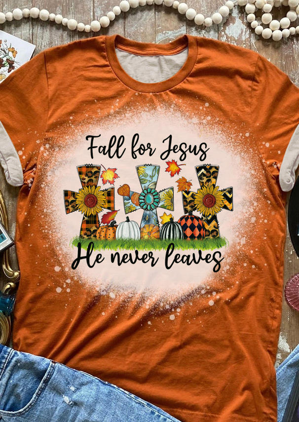 T-shirts Tees Fall For Jesus He Never Leaves Cross Turquoise T-Shirt Tee in Orange. Size: S,M,L