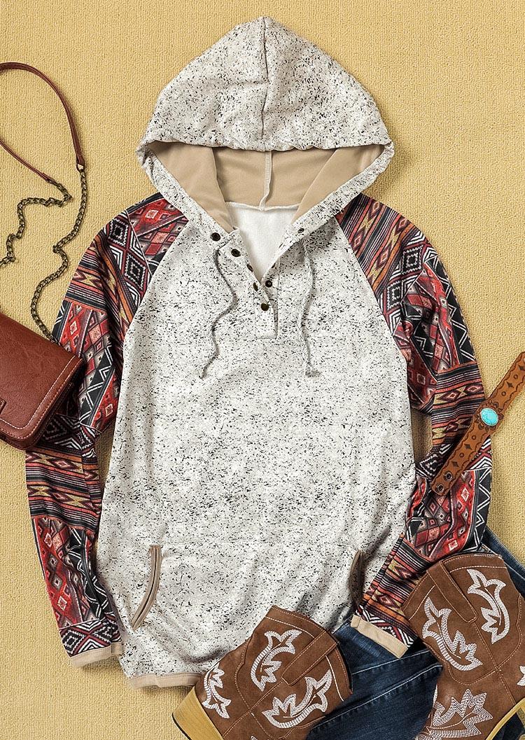 Hoodies Aztec Geometric Button Pocket Drawstring Hoodie in Gray. Size: S