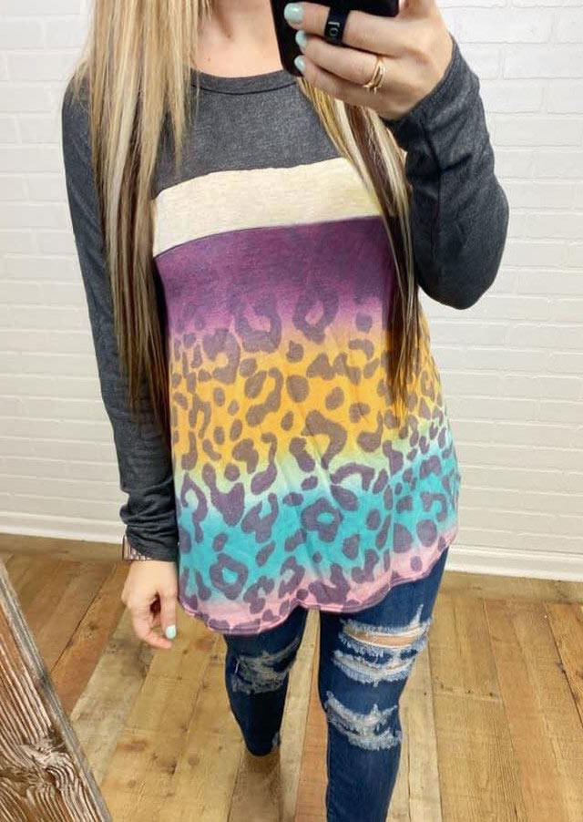 Gradient Leopard Long Sleeve Blouse