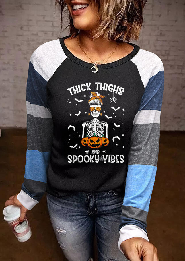

T-shirts Tees Halloween Pumpkin Face Skeleton Thick Thighs Spooky Vibes T-Shirt Tee in Multicolor. Size: ,M,L,XL