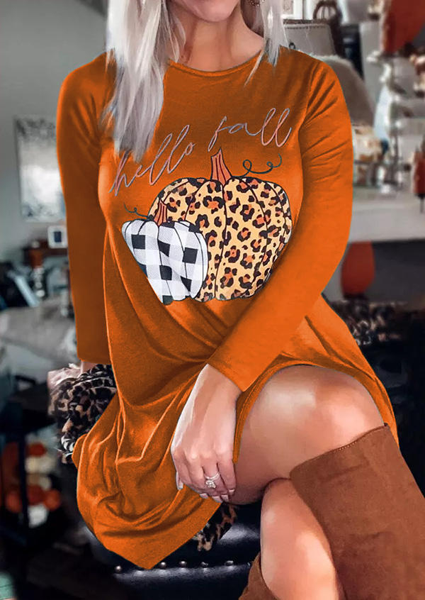 Leopard Plaid Pumpkin Hello Fall Mini Dress -  Orange