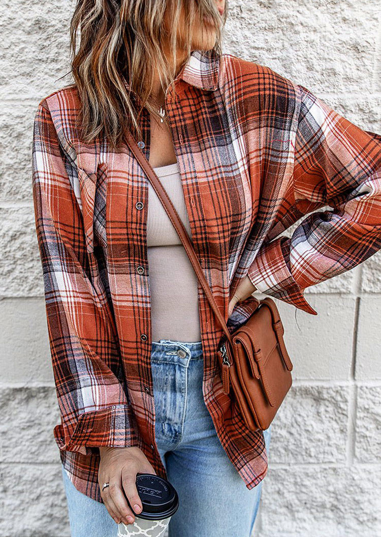 

Shirts Plaid Pocket Long Sleeve Turn-down Collar Shirt in Orange. Size: ,M,L,XL