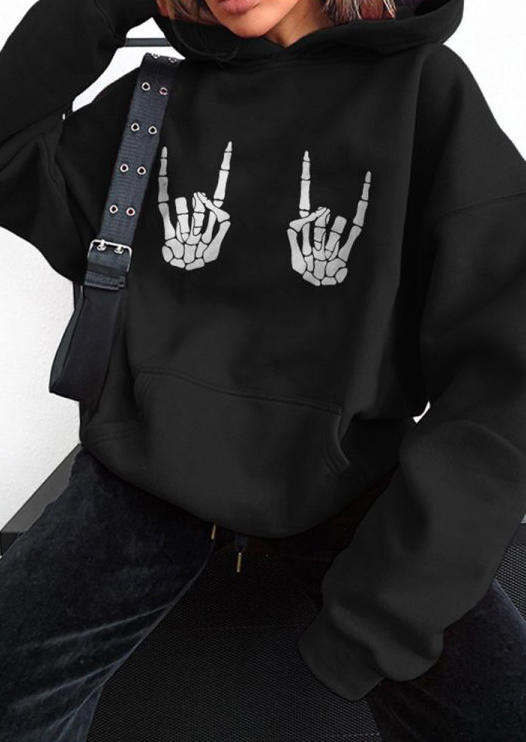 

Hoodies Halloween Skeleton Hand Gesture Hoodie in Black. Size
