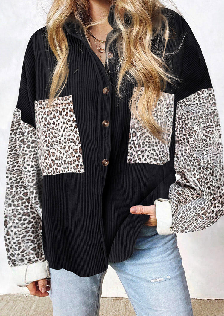 

Coats Leopard Splicing Pocket Button Shirt Coat in Black. Size